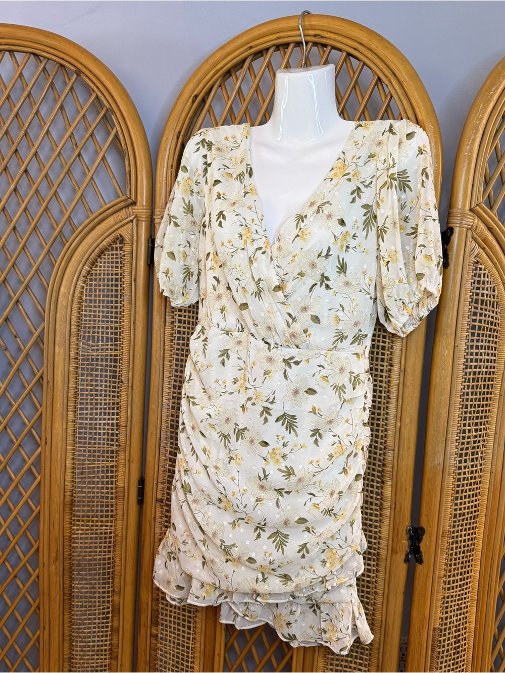 Floral Cream Wrap Mini Dress with Puff Sleeves